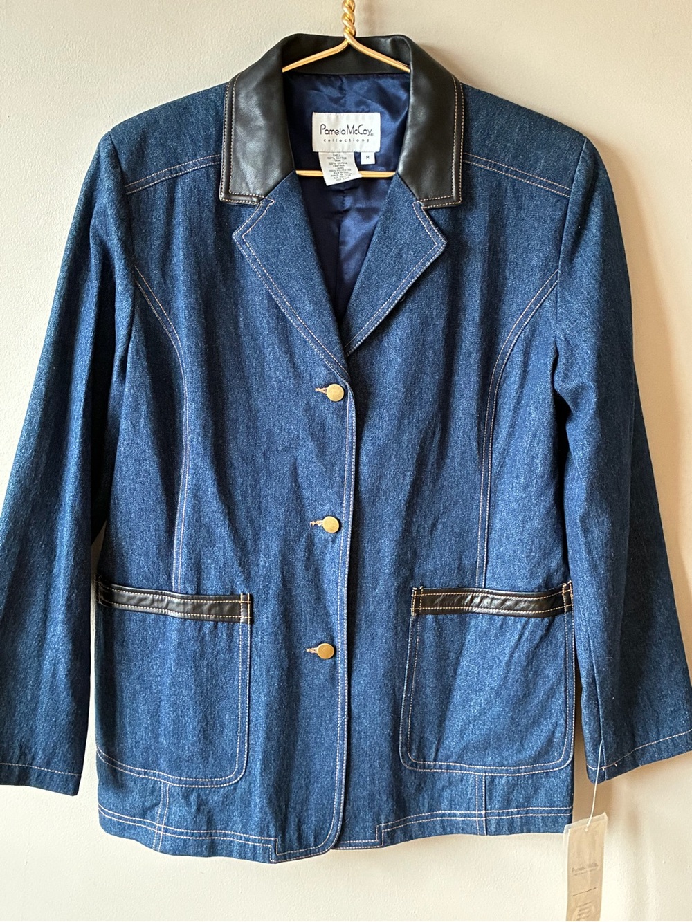 NWT Pamela McCoy Women's Dark Blue Denim Jacket with Black Leather Trim M